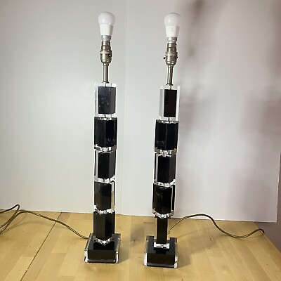 #ad Porta Romana Designer Acrylic Black And Clear Tall Table Lamps PAIR lamp 63cm AU $349.00
