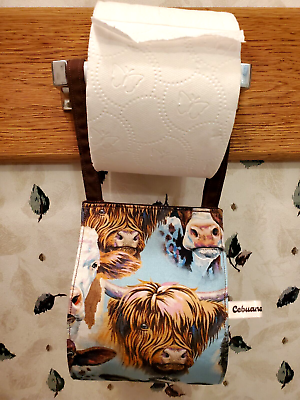 #ad Handmade Fabric size Large Toilet Roll Paper Holder Blue Highland Cow Print New $7.99
