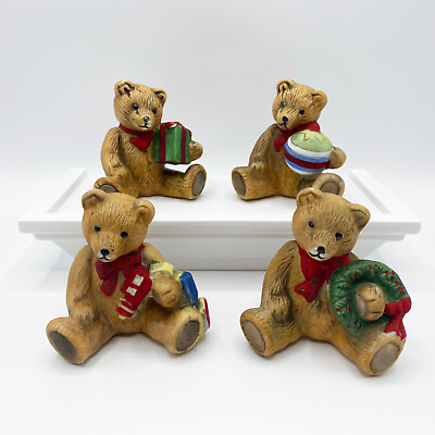 #ad FLAMBRO Vintage Set of 4 Christmas Porcelain Bear Figurines Toys Wreath Gifts $21.99