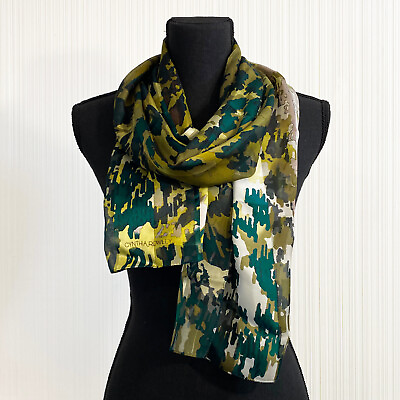 #ad CYNTHIA ROWLEY Modern Green Scarf Wrap Abstract Camouflage Sheer amp; Silk Stripe $39.99