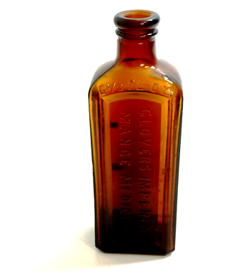 #ad Antique GLOVERS IMPERIAL MANGE MEDICINE bottle brown glass H CLAY GLOVER CO $14.99