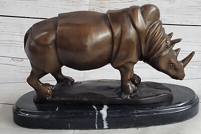 #ad Charging Black Rhino Safari Bronze Statue Heavy Marble Base Sculpture Art Figure $349.00
