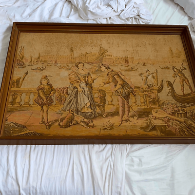 #ad Antique Turn Of The Century Framed Needlepoint Art In Wood Frame Large Handmade $124.99