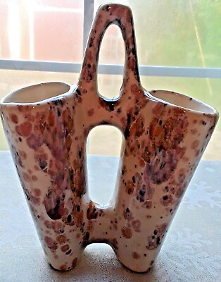 #ad Pen and Pencil Holder for Desk Ceramic Handmade Beige Brown Signed 7 3 8 in Tall $7.99