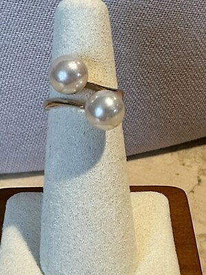 #ad Majorica 18k Gold Plate Vermeil Sterling Silver Double Pearl Ring Size 5 $115.00