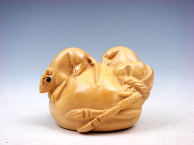 #ad Japanese Boxwood Hand Carved Netsuke Sculpture 3 Mice On Food Bag #12252210 $39.99