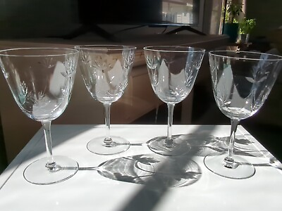 #ad Vintage Etched Crystal Wine Water Goblets Glasses Barware Set of 4 Art Deco Glam $49.00