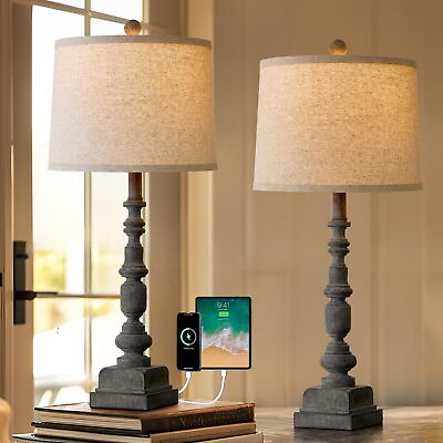 #ad 27.75quot; Vintage Farmhouse USB Table Lamps Set of 2 for Living Room Bedroom $64.99