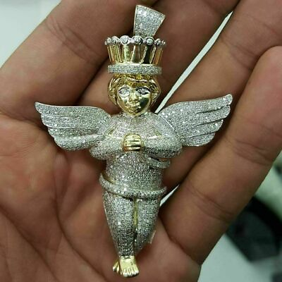 #ad 2quot; Men#x27;s 935 Argentium Silver Lab CZ Praying Angel Yellow Gold Plated Pendant $325.99
