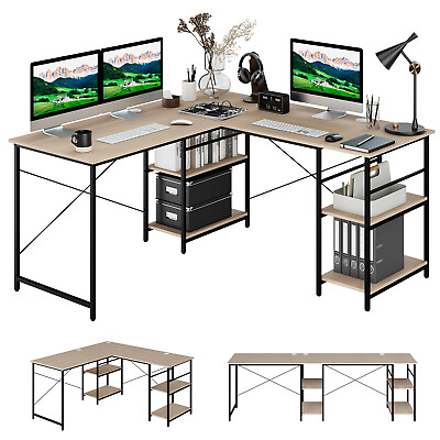 #ad 95quot; Convertible L shaped Corner Computer Desk 2 Person Long Desk Shelves Natural $139.99