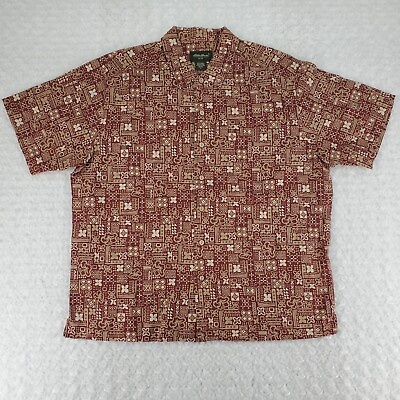 #ad Eddie Bauer Shirt Men L Red Crazy Pattern Linen amp; Cotton Wooden Buttons $12.75