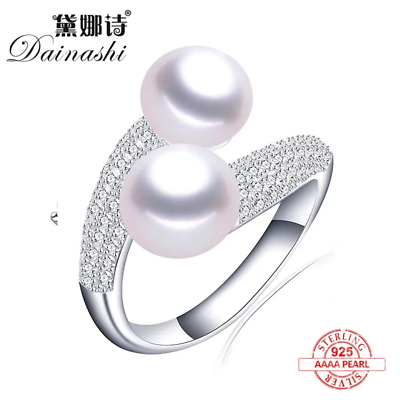 #ad Double Pearl Adjustable Natural Freshwater Pearl 925 Sterling Silver Zircon Ring $8.17
