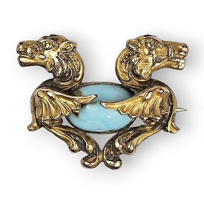 #ad Antique Victorian Griffin Lion Brooch Gothic Revival Blue Stone Gold Filled FLAW $69.97