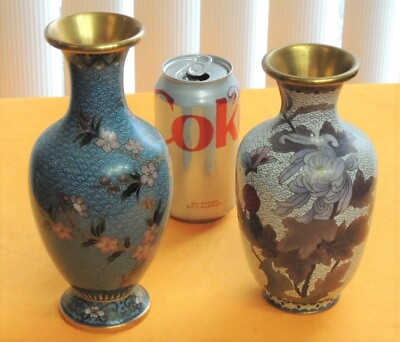 #ad Lot 2 Vintage Antique Asian Chinese Cloisonne Vases Flower Motif $59.95