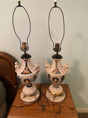 #ad 1939 Hand Painted Pair of Rare Antique Porcelain Lamps. Beautiful Condition $390.00