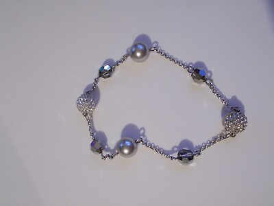 #ad Swarovski Swan Silver Black Beaded Crystal Silvertone Magnetic 7quot; Bracelet $29.99