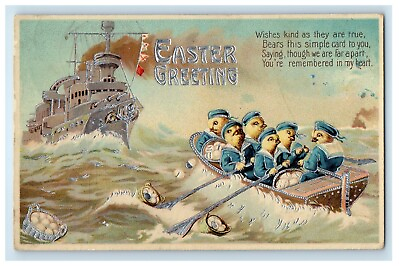 #ad Easter Greetings Battleship US Navy Sailors Anthropomorphic Chicks Eggs Postcard $49.95
