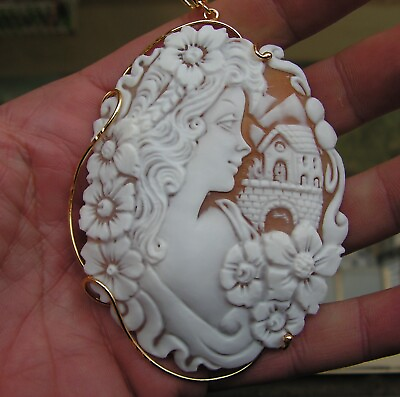 #ad Victorian Carved Shell Cameo Silver Pendant Original Made in Italy woman landsca $215.79