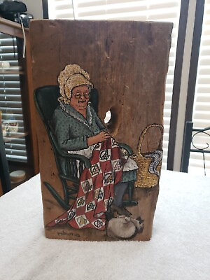 #ad Vintage Hand Painted Picture Of Old Lady Quilting Signed Painted On Wood 16x8 $14.40