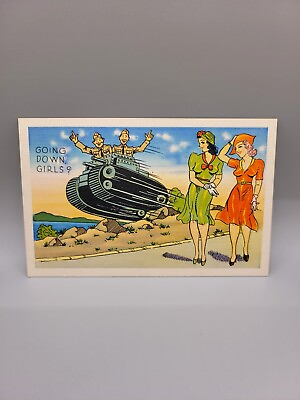 #ad 1940#x27;s Linen Postcard WW II Comic Humor Going Down Girls $18.00
