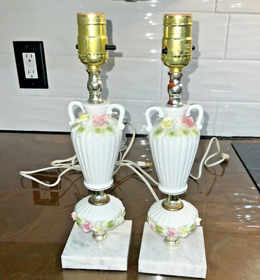 #ad Pair vintage Porcelain Victorian Marble Footed Base Floral Lamps Working 13quot; $66.49