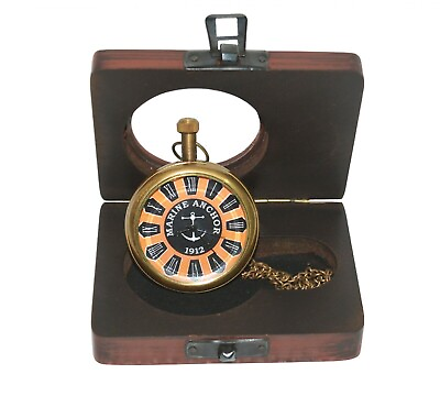 #ad Antique Vintage Maritime Brass 1912 Marine Anchor Pocket Watch with Wooden Box $32.79