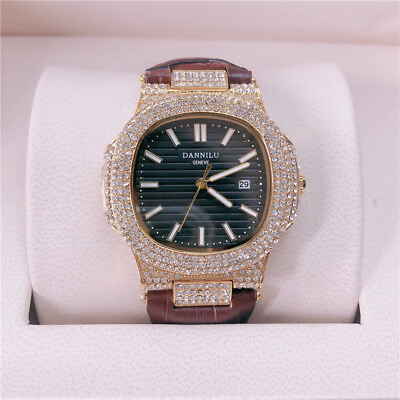 #ad Hip Hop Luxury Fully Ice out Men#x27;s Watch Custom Iced Cz VVS Diamond Gold Brown $66.90