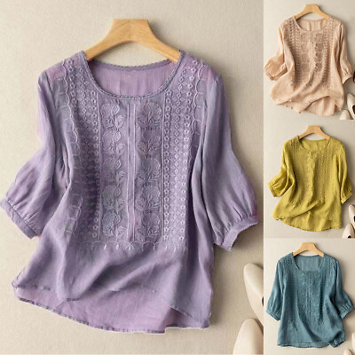 #ad Womens Tunic Tees Floral Embroidery T Shirt Summer Casual 3 4 Sleeve Blouse Tops $13.74