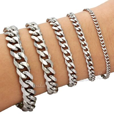 #ad Men#x27;s Chain 3 5 7 9 11mm Stainless Steel Bracelet Silver Curb Cuban Link 7 11quot; $8.54