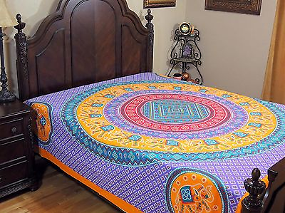 #ad Mauve Yellow Mandala Elephant Bedding Cotton Tapestry Dot Print Bed Sheet Full $22.80