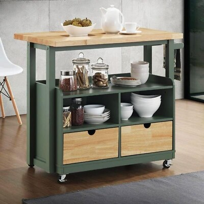 #ad Kitchen Island on Wheels with Drawers Cupboards Towel Rack Green $206.99