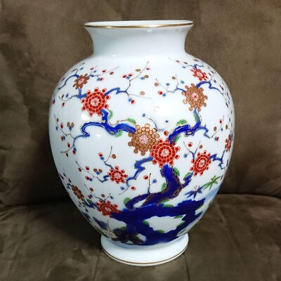 #ad Fukagawa Seiji Arita Japanese Porcelain White Vase Pine Bamboo Plum Gold motif $129.36