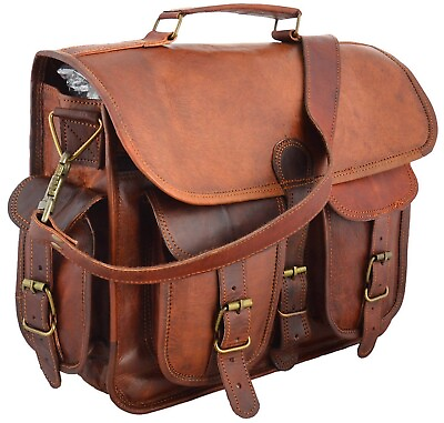 #ad Men#x27;s 18quot; Large Handmade Briefcase Genuine Vintage Leather Messenger Laptop Bag $73.14