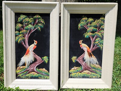 #ad 2 Mexican Feather Craft Hand Painted Wall Art Bird Pictures Wood Frame 18x11 Vtg $18.49