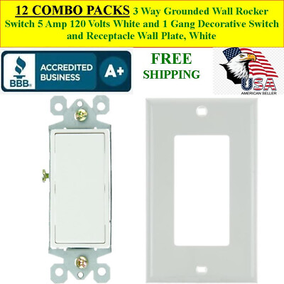 #ad 12 COMBO PACKS 3 Way Grounded Wall Rocker Light Switch and Wall Plate White $139.20