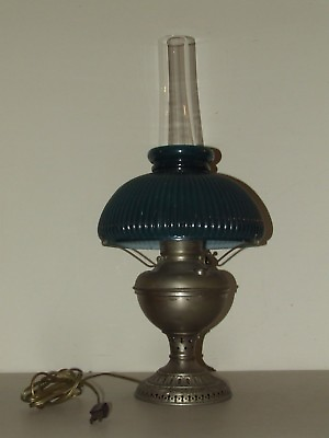 #ad Antique Edward Miller Electric Nickel Oil GWTW Table Lamp with Blue Glass Shade $249.99