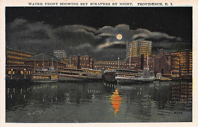 #ad Water Front Showing Skyscrapers at Night Providence R.I. Early Postcard $12.00