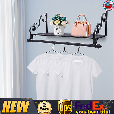 #ad Hanging Wrought Iron Coat Rack Storage Shelf Wall Mounted With Iron Clothing Rod $36.10