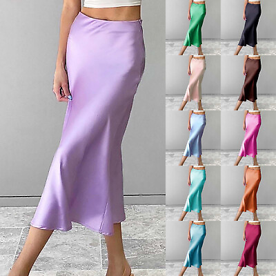 #ad Women#x27;s Satin Silk High Waist Side Zipper Up Ruffle Hem Solid Flared Midi Skirt $14.78