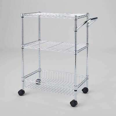 #ad 3 Tier Metal Utility Cart ChromeRolling Kitchen Storage Adjustable Shelves $29.75