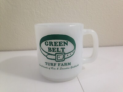 #ad Vtg Milk Glass Coffee Mug Glasbake Advertising Green Belt Turf Farm Colorado mcm $16.88