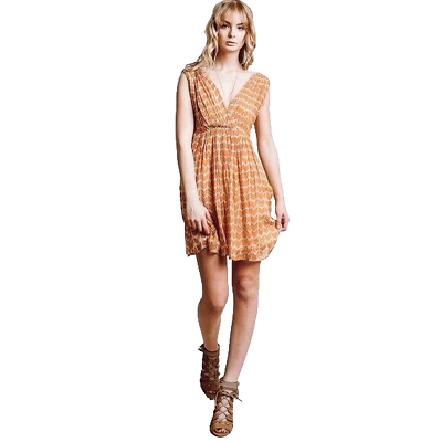 #ad Mes Demoiselles Anthropologie Feline Dress Sz 38 Women Orange Gray Beige Cotton $31.49