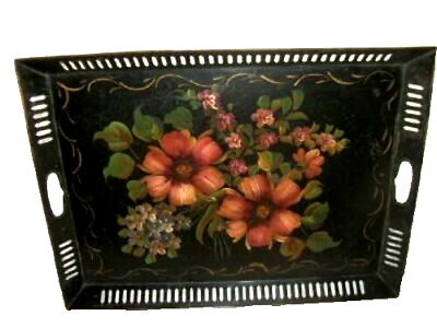 #ad VINTAGE TOLE TRAY HP LARGE FLOWERS GILT TRIM RETICULATED EDGE LOVELY METAL $98.00