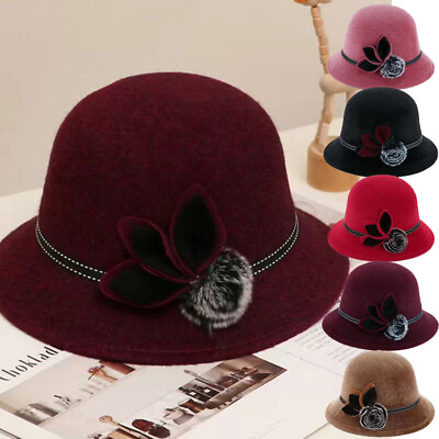 #ad Women Ladies Retro Imitation Wool Flower Felt Hat Winter Cloche Bucket Cap Hat C $2.99