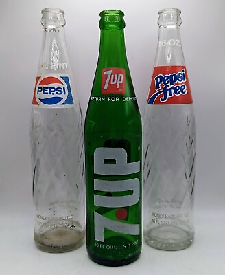 #ad LOT OF 3 Vintage Cola GLASS BOTTLES Pepsi Pepsi Free amp; 7UP 16 Oz 1 Pint $11.89