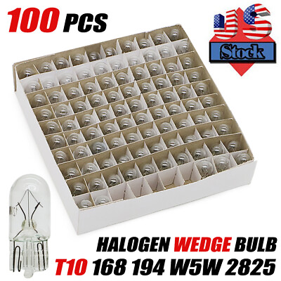 #ad 100 Pack 194 Halogen Signal Wedge Bulb T10 3W3 168 White Light Turn Lamp Marker $13.79