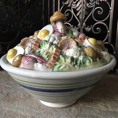 #ad Ceramic Bowl With Lid Large Vintage Salad Keeper Server 1980s Vegetables Eggs $86.25
