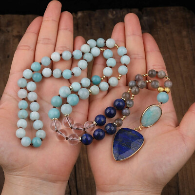 #ad Natural Lapis Pendant Amazonite Labradorite Stone Beads Knot Handmade Necklace $27.99