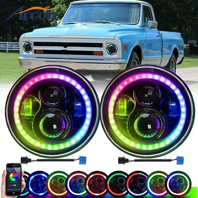 #ad Pair 7quot; Inch RGB LED Headlights Halo Angel Eye for Chevy C10 Pickup Camaro Truck $65.99