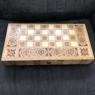 #ad Vintage Inlaid Marquetry Backgammon Chess Board Box Mother Of Pearl 19”X10” $75.00
